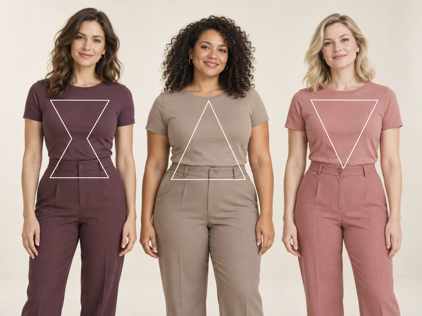 Three clothed women with hourglass, pear and inverted triangle body shape outlines